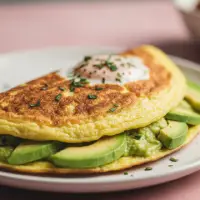 Bacado Omelet from the First Watch Breakfast Menu with Prices, filled with bacon, avocado, and cheese, topped with sour cream and served with fresh fruit and toast.