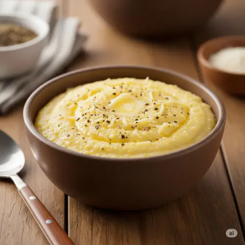 Bob’s Red Mill Grits in a bowl—creamy, stone-ground corn grits perfect for savory or sweet dishes, made from high-quality whole grain corn.