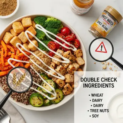 A colorful Power Bowl from First Watch allergen menu filled with grains, avocado, eggs, and fresh toppings, served in a white bowl — a dish that may contain common allergens like dairy, soy, or gluten.