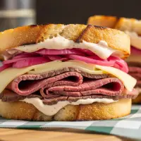 Roast Beef & Havarti Sandwich from the First Watch Breakfast Menu with Prices, made with thin-sliced roast beef, creamy Havarti cheese, onions, tomato, and horseradish sauce on grilled artisan bread.