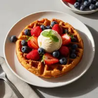 Belgian Waffle from the First Watch Breakfast Menu with Prices, served golden and crisp with a side of warm syrup and fresh berries