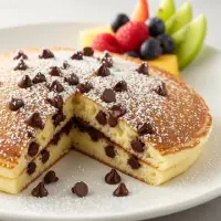 Chocolate Chip Pancake from the First Watch Breakfast Menu with Prices, topped with powdered sugar and served with a side of syrup.