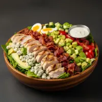 Cobb Salad from the First Watch Breakfast Menu with Prices, made with mixed greens, grilled chicken, bacon, avocado, hard-boiled egg, tomatoes, and blue cheese crumbles, served with ranch dressing.