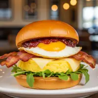 Million Dollar Breakfast Sandwich from the First Watch Breakfast Menu with Prices, made with bacon, cage-free eggs, havarti cheese, arugula, and bacon onion jam on a griddled English muffin.