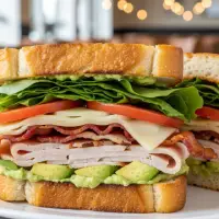 Monterey Club Sandwich from the First Watch Breakfast Menu with Prices, stacked with turkey, bacon, avocado, tomato, spring mix, and Monterey Jack cheese on sourdough, served with a side of greens or potatoes.