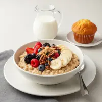 Steel-Cut Oatmeal from the First Watch Breakfast Menu with Prices, served with fresh fruit, brown sugar, and a side of milk