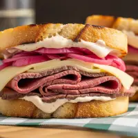 Roast Beef & Havarti Sandwich from the First Watch Breakfast Menu with Prices, featuring tender roast beef, creamy Havarti cheese, tomato, onion, and horseradish sauce on grilled artisan bread.






