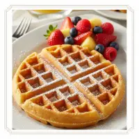 Waffle from the First Watch Breakfast Menu with Prices, served golden brown with powdered sugar and a side of syrup.