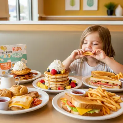 A colorful breakfast plate from the First Watch Kids Menu with pancakes and fresh fruit.