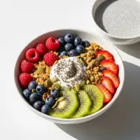 A.M. Superfoods Bowl with coconut milk chia pudding, fresh berries, bananas, granola, and whole grain toast with almond butter.