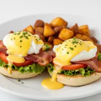 First Watch BLT Benedict with poached eggs, bacon, tomato, arugula, and hollandaise on toasted ciabatta.