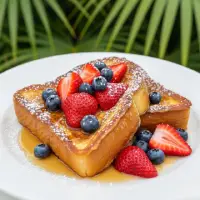 Floridian French Toast from the First Watch Breakfast Menu with Prices, topped with fresh banana, kiwi, and seasonal berries on thick-cut brioche, dusted with powdered sugar.