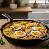 Frittata Rustica from the First Watch Breakfast Menu with Prices, featuring Italian-style sausage, roasted red peppers, onions, and mozzarella-Parmesan blend, served with artisan toast and greens.