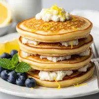 Lemon Ricotta Pancakes from the First Watch Breakfast Menu with Prices, topped with fresh berries, creamy lemon curd, and powdered sugar.