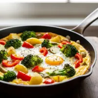 Roasted Vegetable Frittata from the First Watch Breakfast Menu with Prices, made with cage-free eggs, house-roasted vegetables, Parmesan cheese, and fresh herbs, served with whole grain toast and fresh greens.