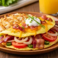  The Works Omelet from the First Watch Breakfast Menu with Prices, packed with ham, bacon, sausage, onions, tomatoes, cheddar, Monterey Jack, and fresh herbs, served with toast and seasoned potatoes.
