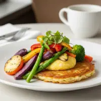 Morning Market Veg omelet from the First Watch Breakfast Menu with Prices, made with house-roasted vegetables, zucchini, spinach, and goat cheese, served with toast and seasoned potatoes.