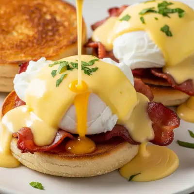 Classic Benedict from the First Watch Lunch Menu featuring poached eggs, bacon, and hollandaise sauce on toasted English muffins.”