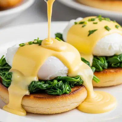 Florentine Benedict from the First Watch Lunch Menu with poached eggs, fresh spinach, tomato, and creamy hollandaise on an English muffin.