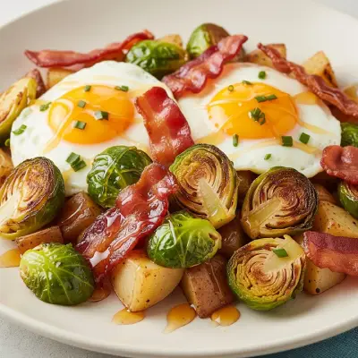 Honey Bacon Brussels Hash at First Watch – crispy Brussels sprouts, smoked bacon, sweet potatoes, and cage-free eggs, all drizzled with hot honey for a sweet-savory breakfast bite.
