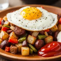 Market Hash with roasted potatoes, veggies, two eggs, and melted cheese in a skillet.