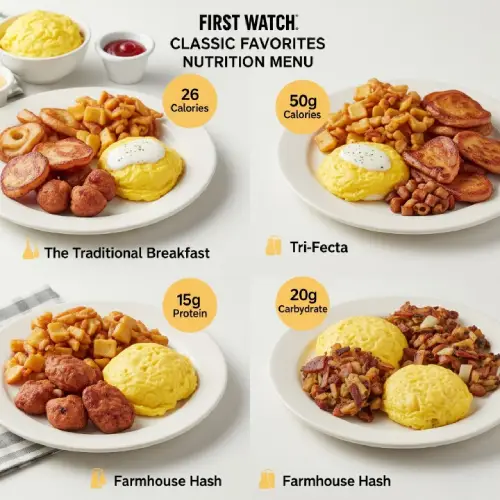 “First Watch nutrition chart for Classic Favorites breakfast items with calorie and nutrient details.”