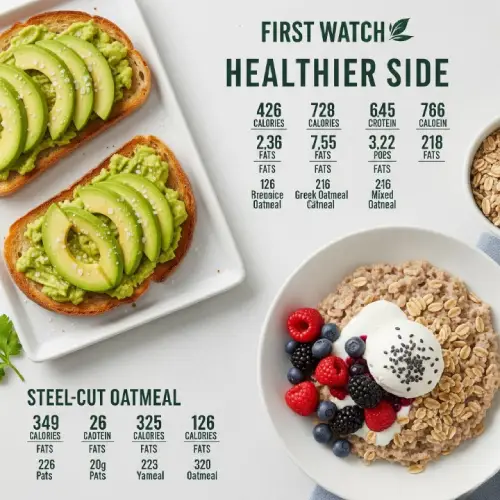 “First Watch menu nutrition chart showing calorie and nutrient info for Healthier Side breakfast items.”