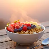 Sunrise Granola Bowl with fresh berries, bananas, Greek yogurt, and crunchy granola.