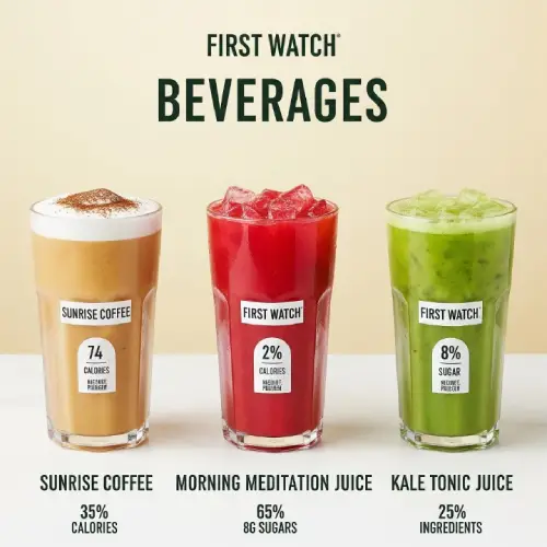 First Watch beverage nutrition chart featuring calorie and sugar info for juices, coffee, and specialty drinks.”