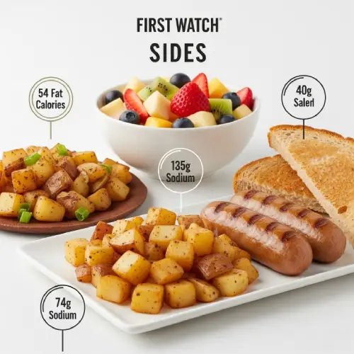 “First Watch nutrition chart showing calories and nutrients for breakfast sides like potatoes, fruit, and toast.”

