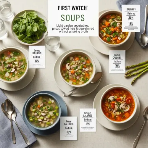 “First Watch soups nutrition chart with calorie and sodium details for warm, healthy soup options.”

