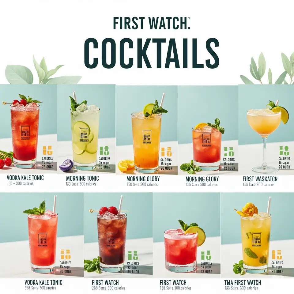 “First Watch cocktail nutrition info chart with calorie details.”