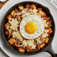 Parma Skillet Hash with eggs, sausage, potatoes, and spinach in a skillet.