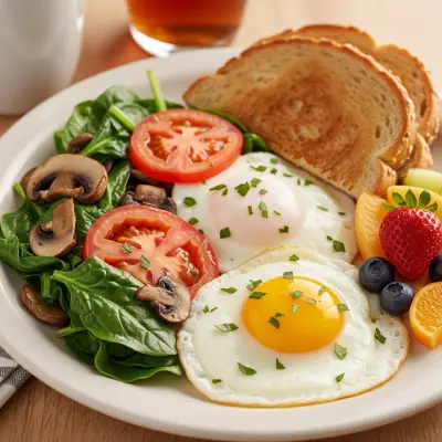 "First Watch Tri-Athlete – egg white omelet with house-roasted Crimini mushrooms, tomatoes, and spinach, served with fresh fruit and dry English muffin for a lean, protein-packed breakfast option.