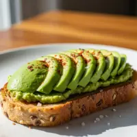 Avocado Toast topped with smashed avocado, sea salt, lemon, and two sunny-side-up eggs on whole grain bread.