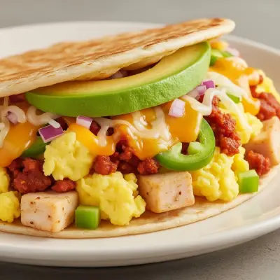 Chickichanga from the First Watch Lunch Menu with scrambled eggs, chicken, avocado, melted cheese, and fresh veggies in a toasted tortilla