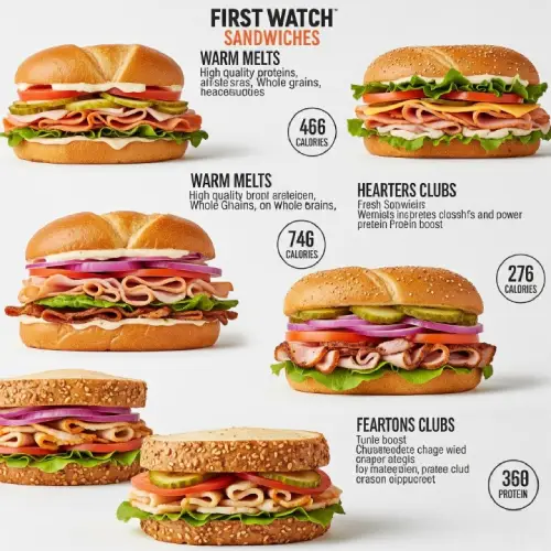 “First Watch menu nutrition chart showing calories and nutrients for sandwiches like Monterey Club and Ham & Gruyère Melt.”
