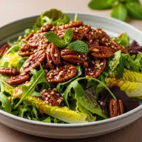 Sweet Honey Pecan Salad from the First Watch Breakfast Menu with Prices, featuring mixed greens, toasted pecans, bacon, avocado, tomatoes, carrots, and cheddar, served with a honey dijon vinaigrette.