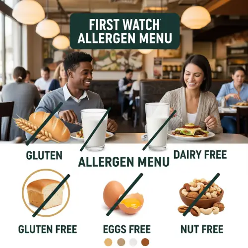 First Watch allergen menu chart listing common allergens for breakfast and lunch items including eggs, dairy, gluten, and nuts.