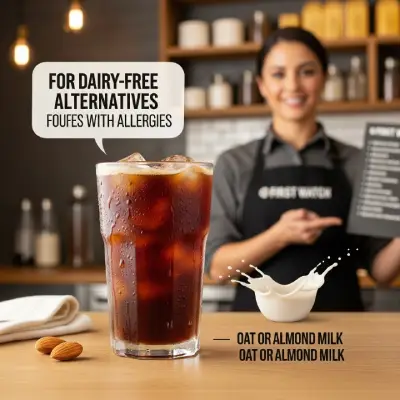 A glass of iced coffee from First Watch with a straw, placed on a wooden table, highlighting a dairy-free version made with oat milk.