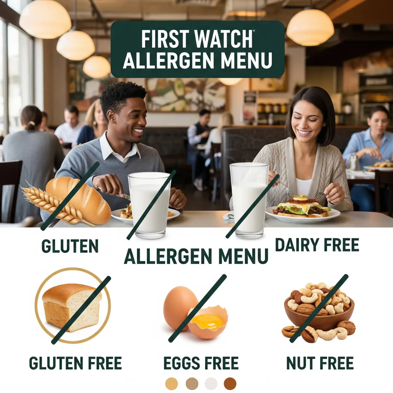 First Watch allergen menu chart listing common allergens for breakfast and lunch items including eggs, dairy, gluten, and nuts.