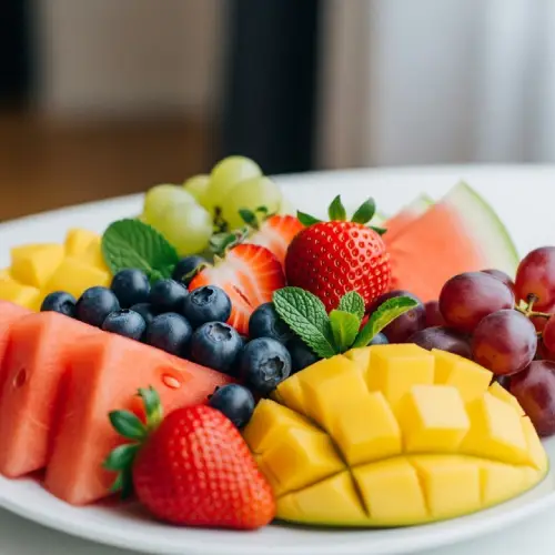 Colorful bowl of fresh seasonal fruit, featuring ripe melon, berries, and citrus slices—perfect for a light and refreshing breakfast option.