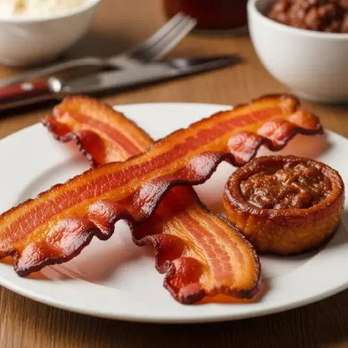 Crispy hardwood smoked bacon strips served hot—savory and flavorful addition to any breakfast plate.