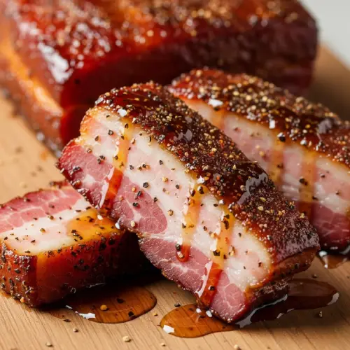 Thick-cut Million Dollar Bacon glazed with brown sugar, black pepper, cayenne, and maple syrup, served as a sweet and savory First Watch breakfast favorite.