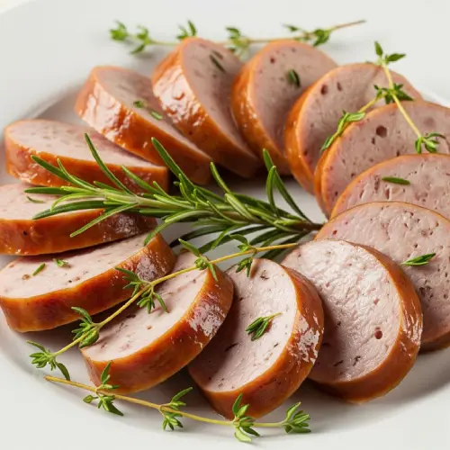 Juicy pork sausage links, perfectly browned and sizzling, served hot for a classic breakfast addition.