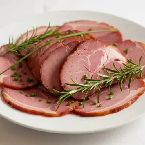 Thick-cut smoked ham slice, juicy and savory with a rich, smoky flavor—perfect for breakfast or brunch.
