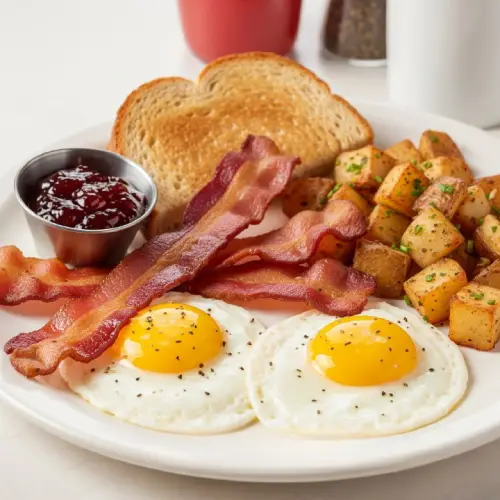 A plate of traditional First Watch breakfast featuring two eggs, toast, seasoned potatoes, and choice of bacon or sausage – a classic morning favorite.