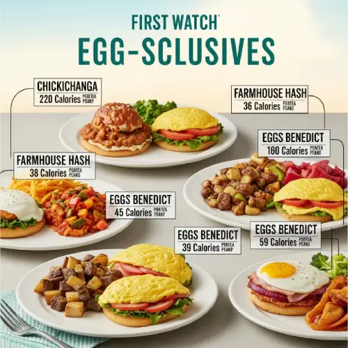 “First Watch Egg-sclusives nutrition chart with calories and protein info for egg-based breakfast dishes.”