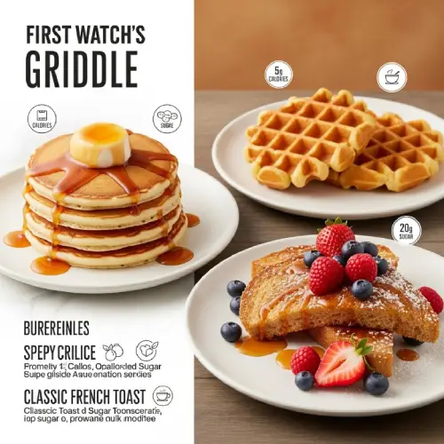 “First Watch menu nutrition chart showing calories and nutrients for pancakes, waffles, and French toast from the Griddle section.”