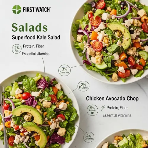 “First Watch menu nutrition chart showing calories and nutrients for fresh salads like Chicken Avocado Chop and Superfood Kale.”